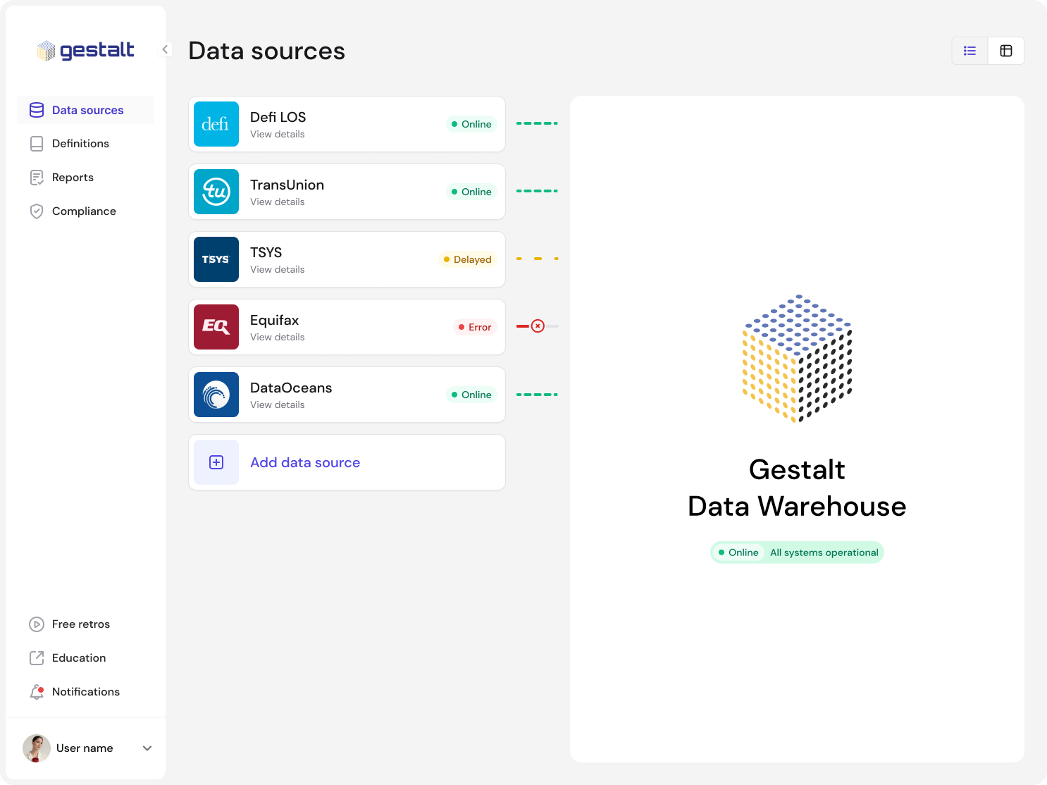 screenshot of Gestalt data sources page