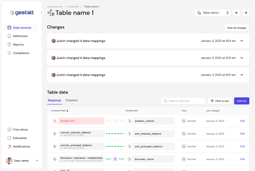 screenshot of a Gestalt data source's table page