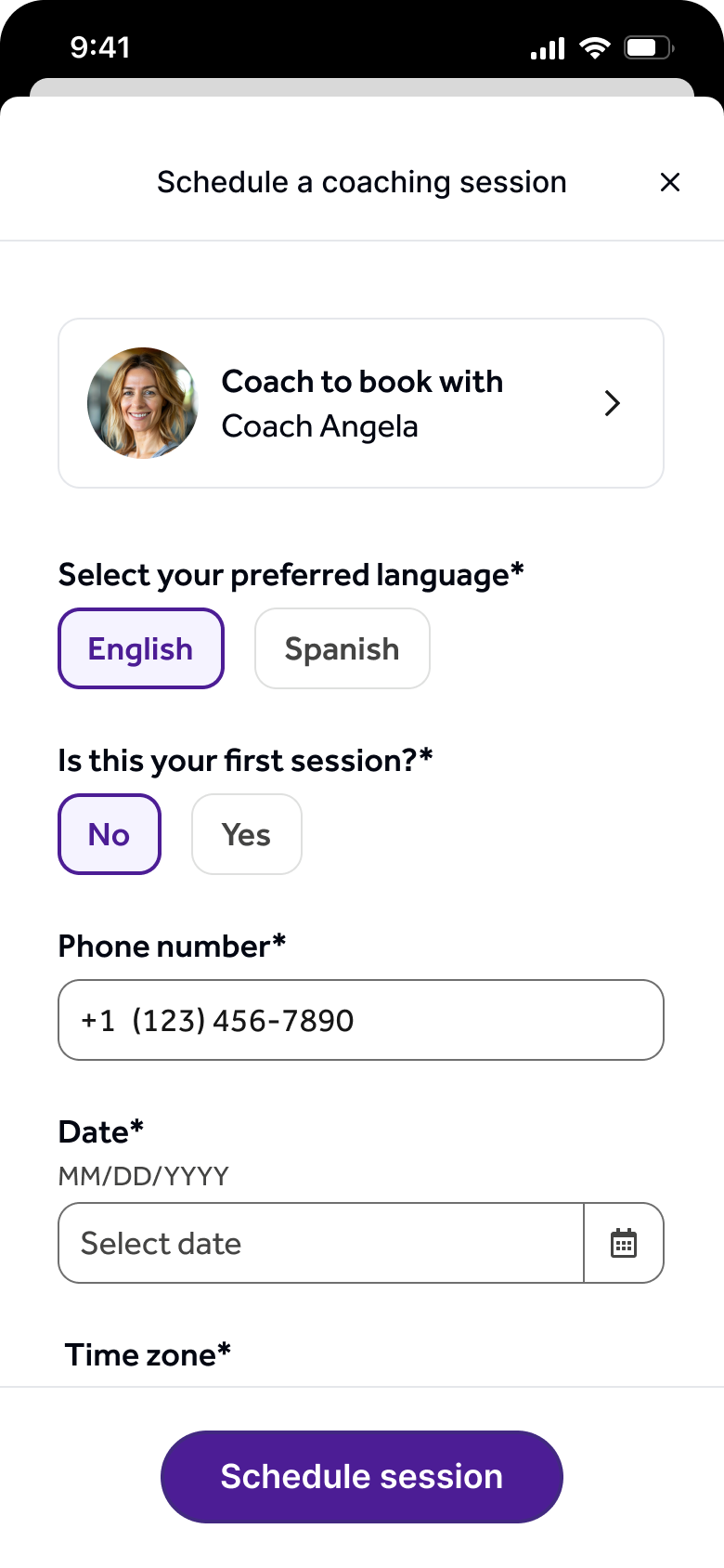 screenshot of mobile ui for scheduling a coaching session