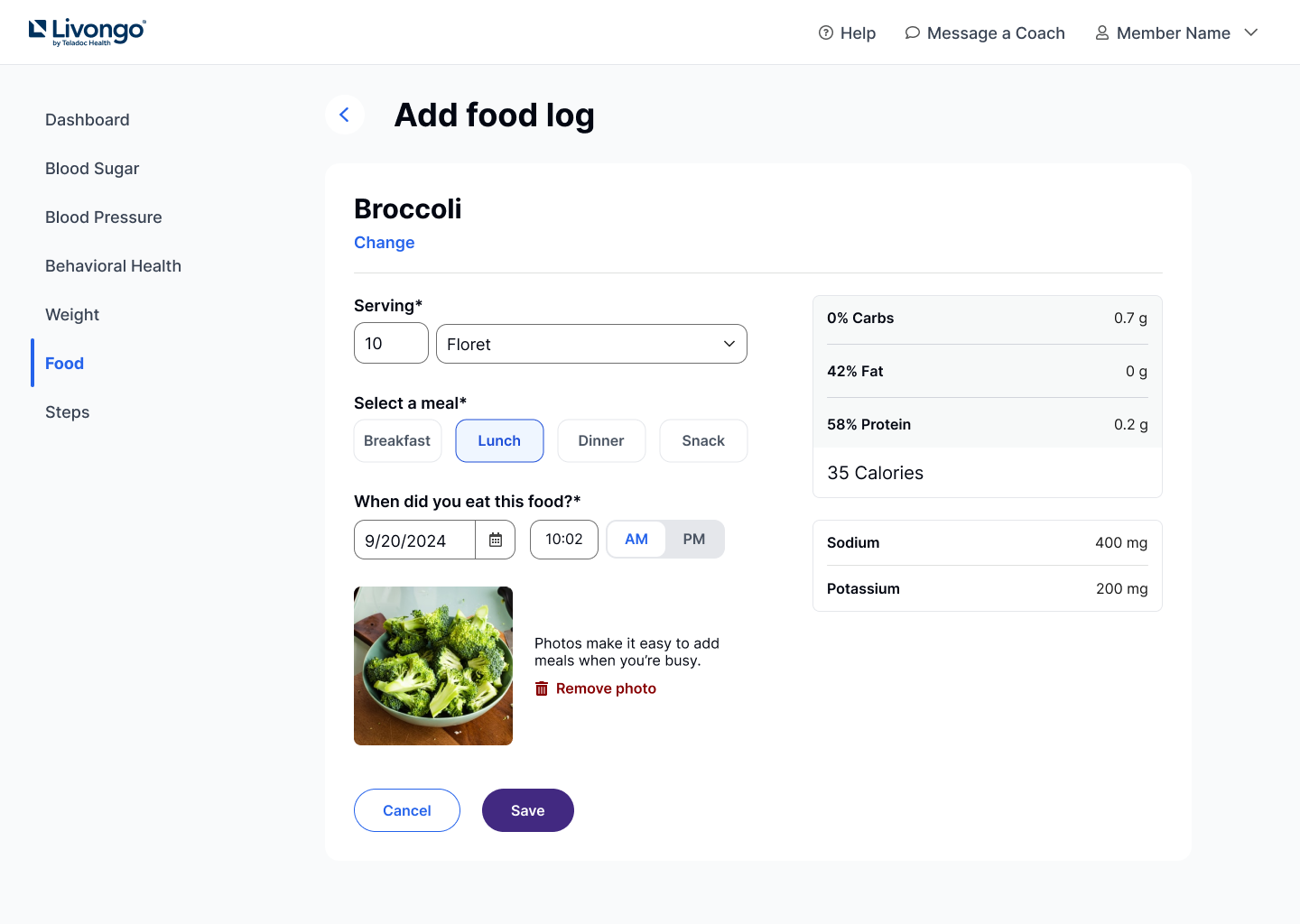 screenshot of the add food form on the web