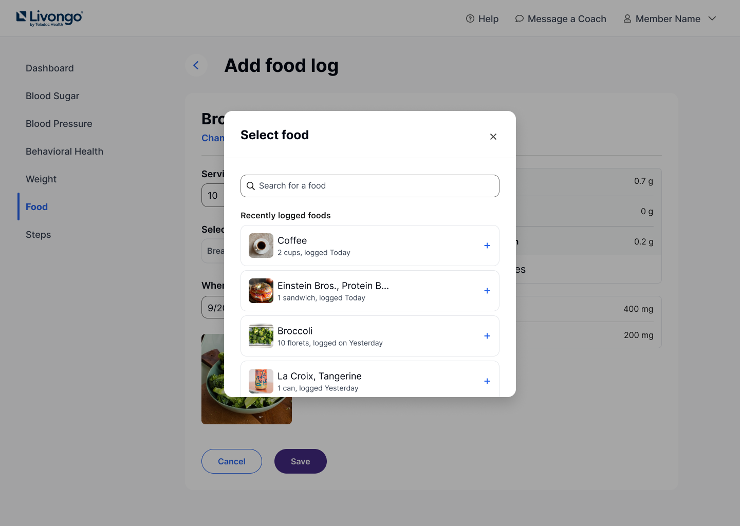 screenshot of selecting a food on the web