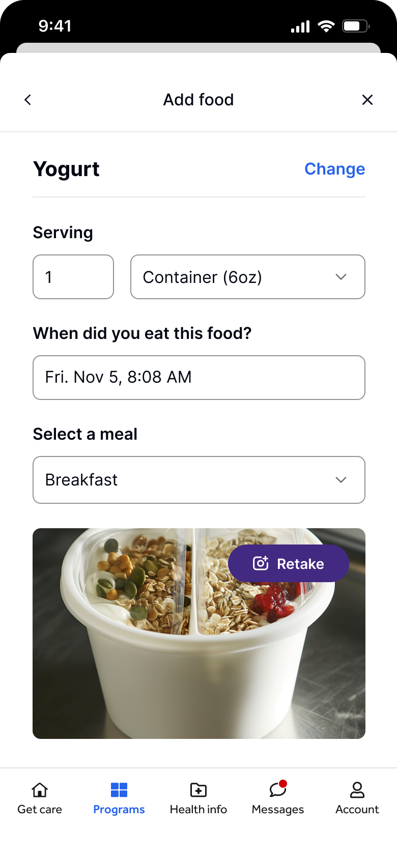 screenshot of mobile ui for adding a food