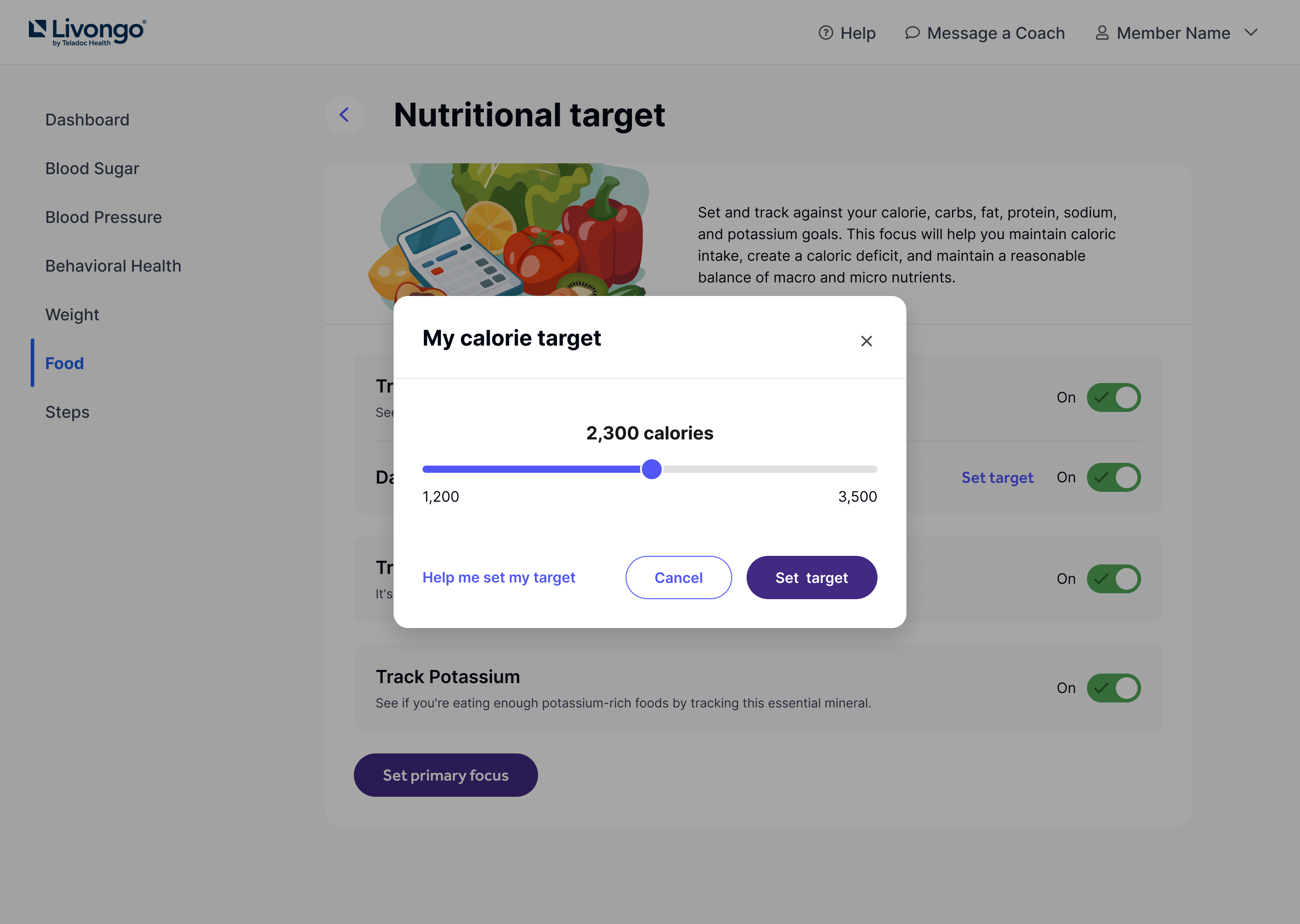 screenshot of changing calorie target on the web