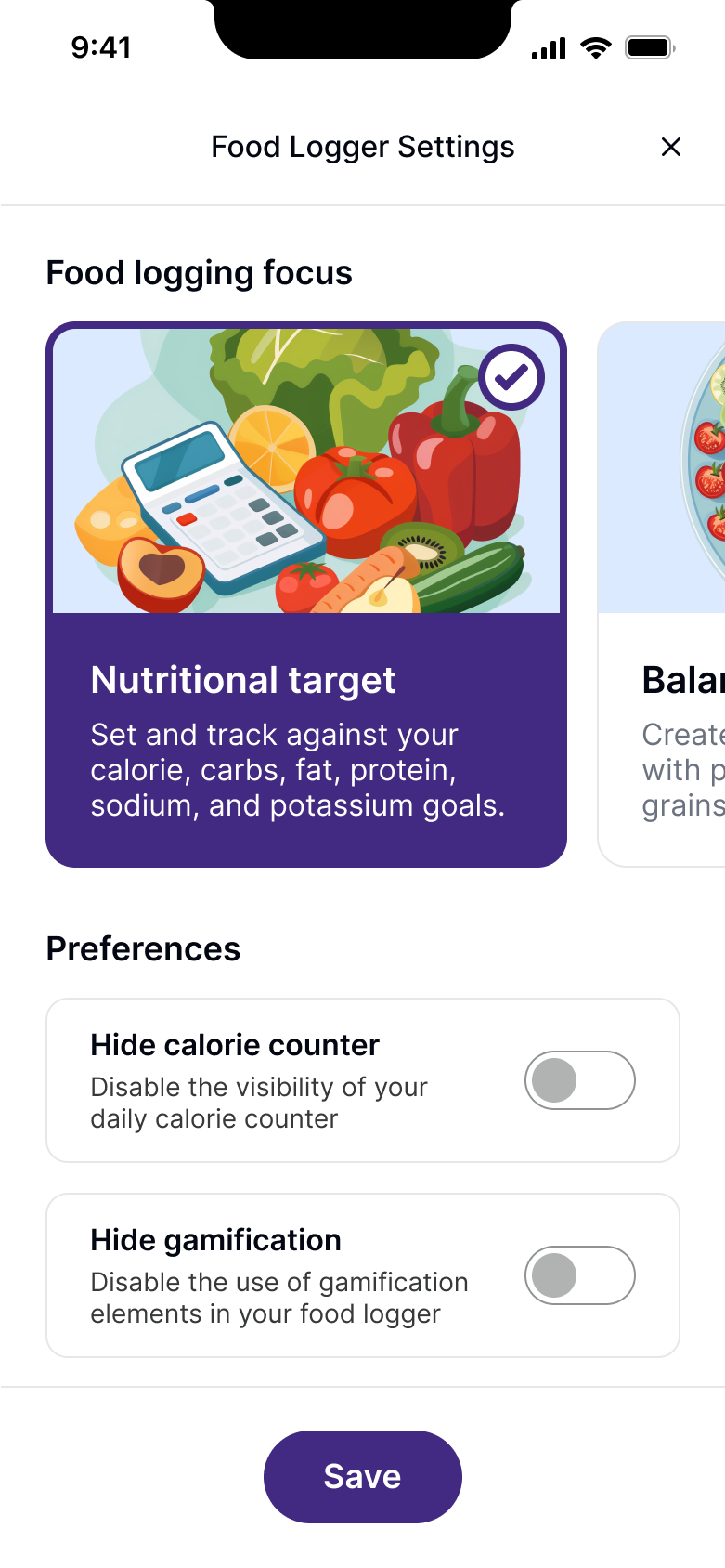 screenshot of mobile ui for selecting food insight focus